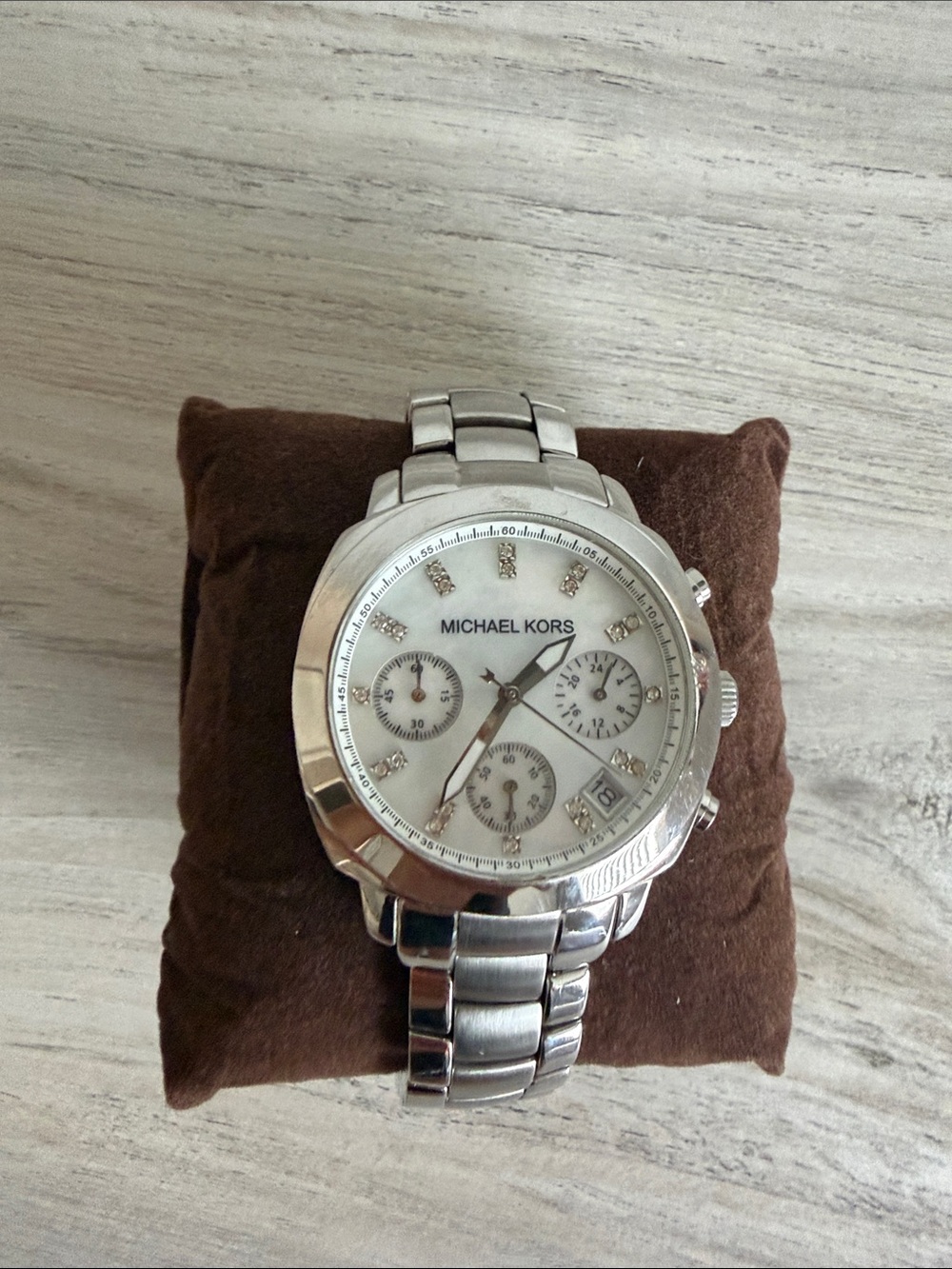 Michael Kors Silver and White Women's Chronograph Bracelet Watch